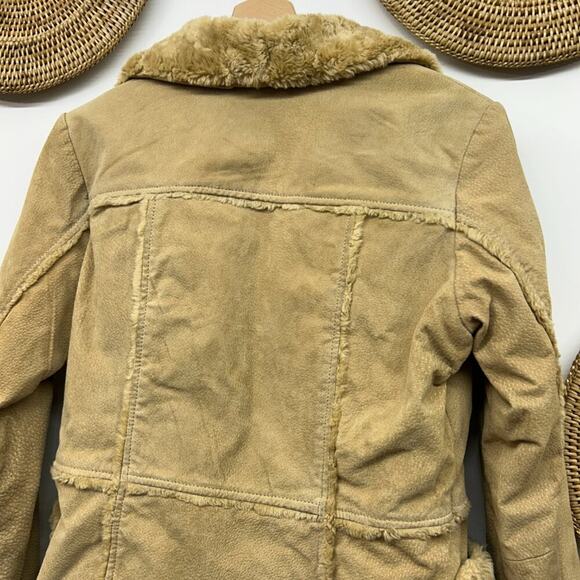 Vintage Y2K 2000s Mudd Beige Tan Faux Fur Lined Leather Jacket Coat Small - Picture 7 of 9